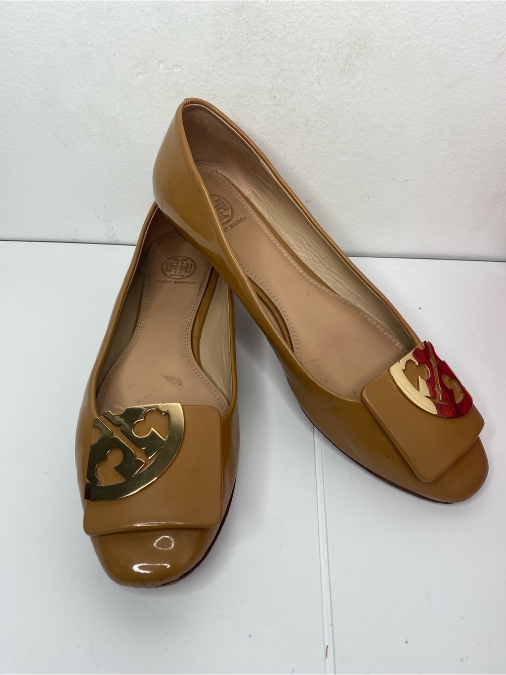 Tory Burch Camel Patent Leather Flats with Square Gold Logo Accent & Box